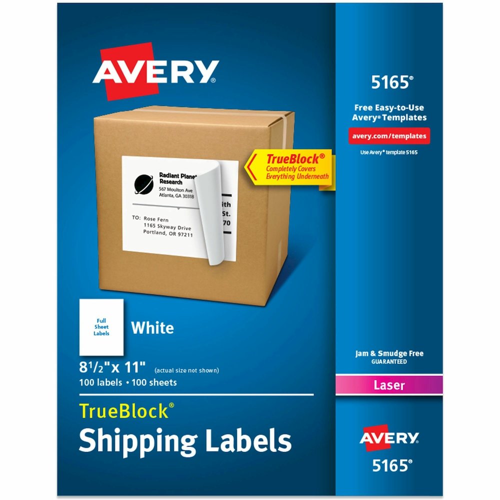 Avery&reg; Shipping Labels, Permanent Adhesive, 8-1/2" x 11" , 100 Labels (5165) - 11" Height x 8 1/2" Width x 11" Length - Full Sheet - Permanent Adhesive - Laser - Matte - White - Paper - 1 / Sheet . Picture 1