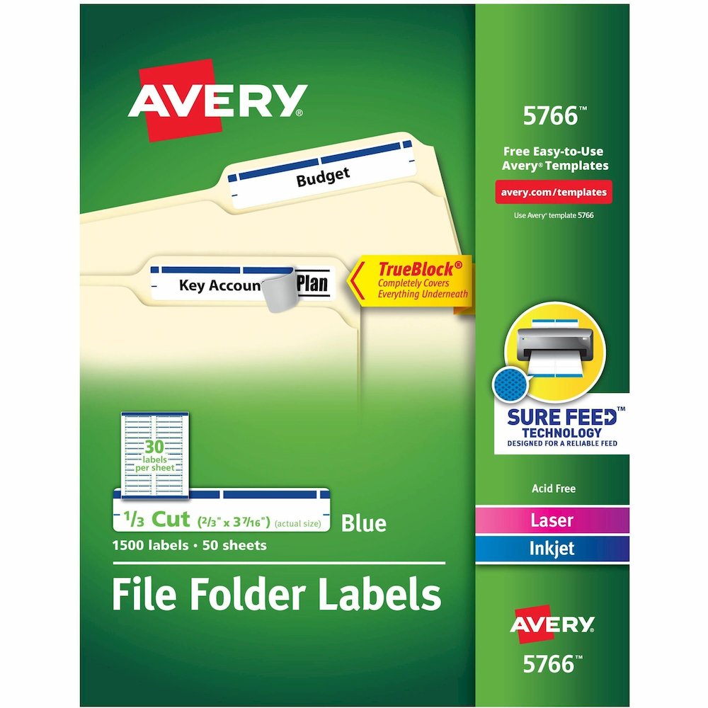 Avery&reg; TrueBlock File Folder Labels - 2/3" Width x 3 7/16" Length - Permanent Adhesive - Rectangle - Inkjet, Laser - Matte - Blue - Paper - 30 / Sheet - 50 Total Sheets - 1500 Total Label(s) - 150. Picture 1