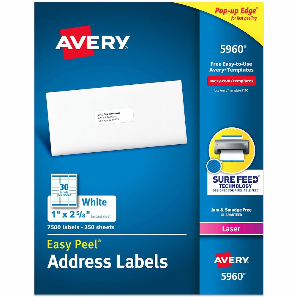 Avery&reg; Easy Peel Address Labels - 1" Width x 2 5/8" Length - Permanent Adhesive - Rectangle - Laser - Matte - White - Paper - 30 / Sheet - 250 Total Sheets - 7500 Total Label(s) - 7500 / Box. Picture 1