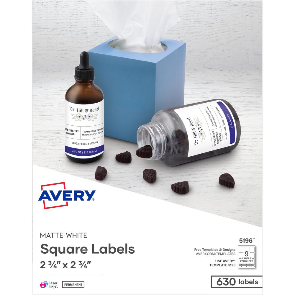 Avery&reg; 3-1/2" Diskette Labels - 2 3/4" Width x 2 3/4" Length - Permanent Adhesive - Inkjet, Laser - Matte White - Paper - 9 / Sheet - 70 Total Sheets - 630 Total Label(s) - 630 / Box. Picture 1