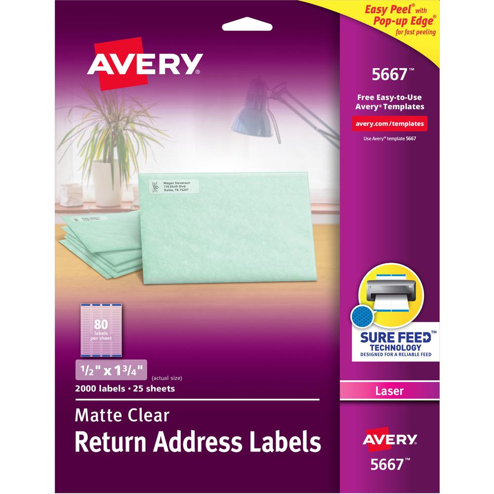 Avery&reg; Easy Peel Return Address Labels - 1/2" Width x 1 3/4" Length - Permanent Adhesive - Rectangle - Laser - Matte - Clear - Film - 80 / Sheet - 25 Total Sheets - 2000 Total Label(s) - 2000 / Pa. Picture 1