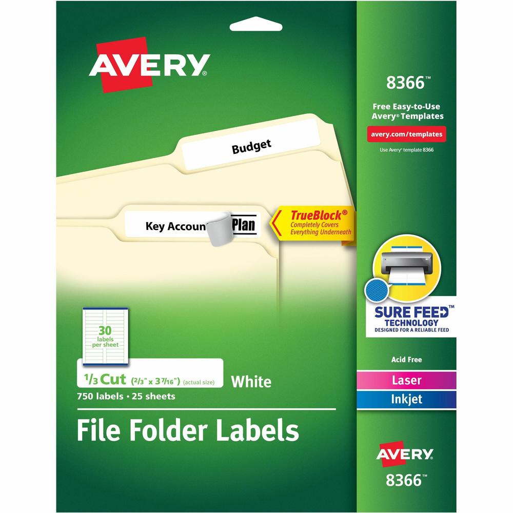 Avery&reg; File Folder Labels - 2/3" Width x 3 7/16" Length - Permanent Adhesive - Rectangle - Inkjet, Laser - Matte - White - Paper - 30 / Sheet - 25 Total Sheets - 750 Total Label(s) - 750 / Pack. Picture 1