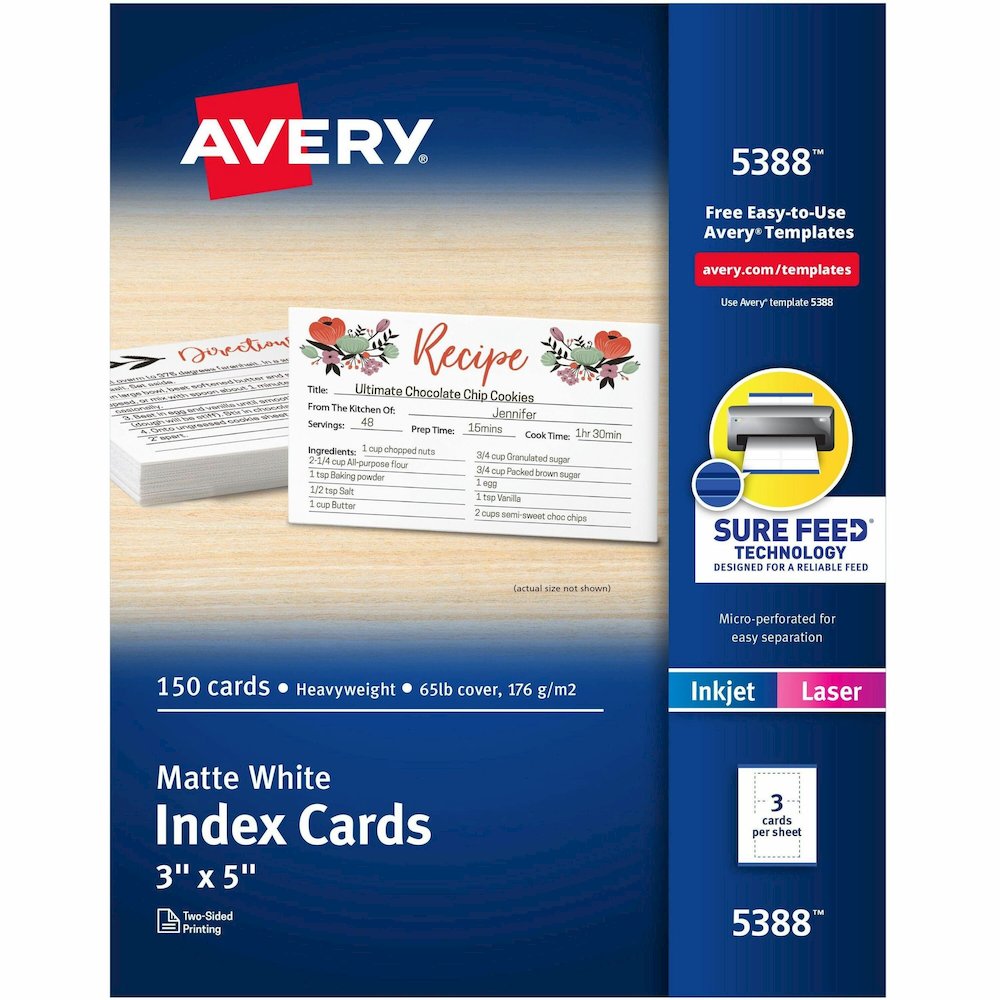 Avery&reg; Laser, Inkjet Printable Index Cards - 97 Brightness - A7 - 3" x 5" - 65 lb Basis Weight - 176 g/m² Grammage - Matte - Perforated, Smudge-free, Jam-free, Uncoated, Micro Perforated, Smo. Picture 1