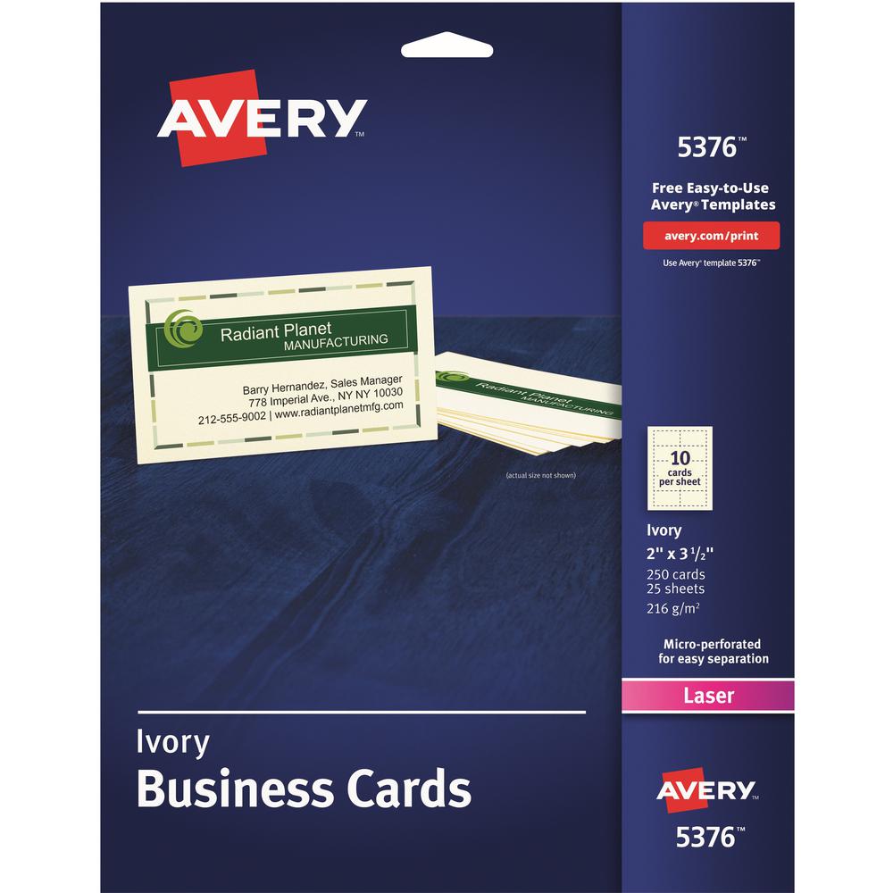 Avery&reg; 2" x 3.5" Ivory Business Cards, Sure Feed Technology, Laser, 250 Cards (5376) - 79 Brightness - A4 - 8 1/2" x 11" - 80 lb Basis Weight - 216 g/m² Grammage - Matte - Perforated, Heavywe. Picture 1