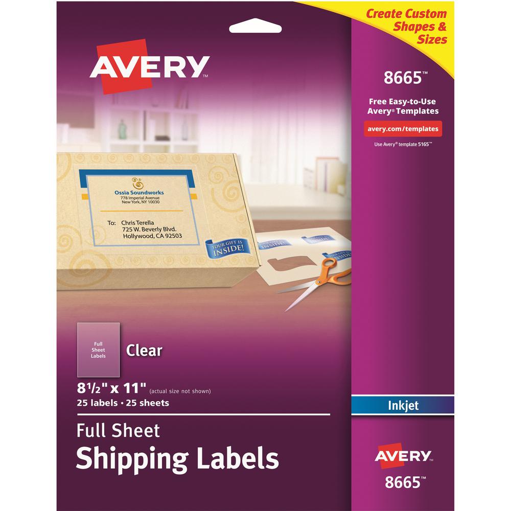Avery&reg; Shipping Label - 8 1/2" Width x 11" Length - Permanent Adhesive - Rectangle - Inkjet - Matte - Clear - Film - 1 / Sheet - 25 Total Sheets - 25 Total Label(s) - 25 / Pack. Picture 1