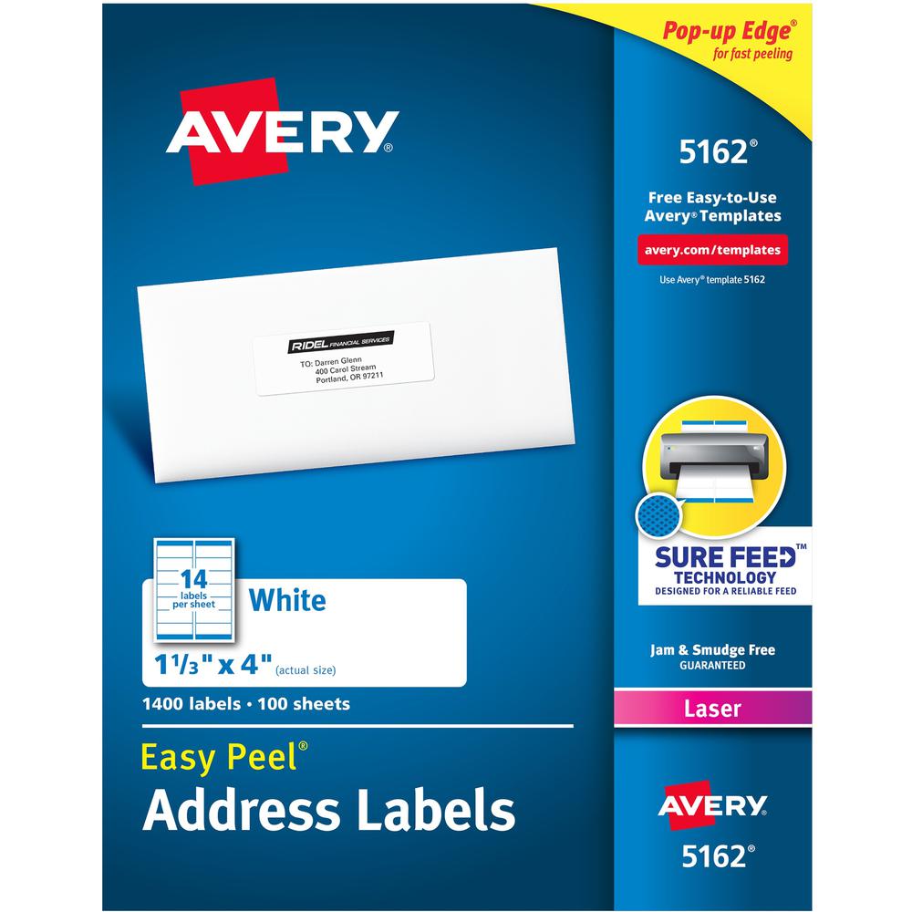 Avery&reg; Easy Peel Mailing Laser Labels - 1 21/64" Width x 4" Length - Permanent Adhesive - Rectangle - Laser - White - Paper - 14 / Sheet - 100 Total Sheets - 1400 Total Label(s) - 1400 / Box. Picture 1