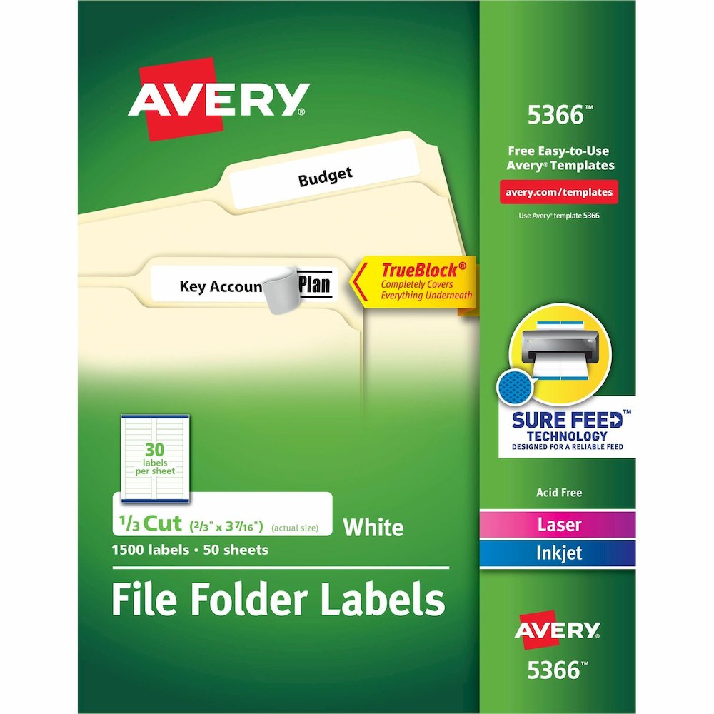 Avery&reg; File Folder Labels, 2/3" x 3-7/16" , 1,500 White Labels (5366) - x 2/3" Width x 3 7/16" Length - Permanent Adhesive - Rectangle - Laser, Inkjet - Matte - White - Paper - 30 / Sheet - 50 Tot. Picture 1