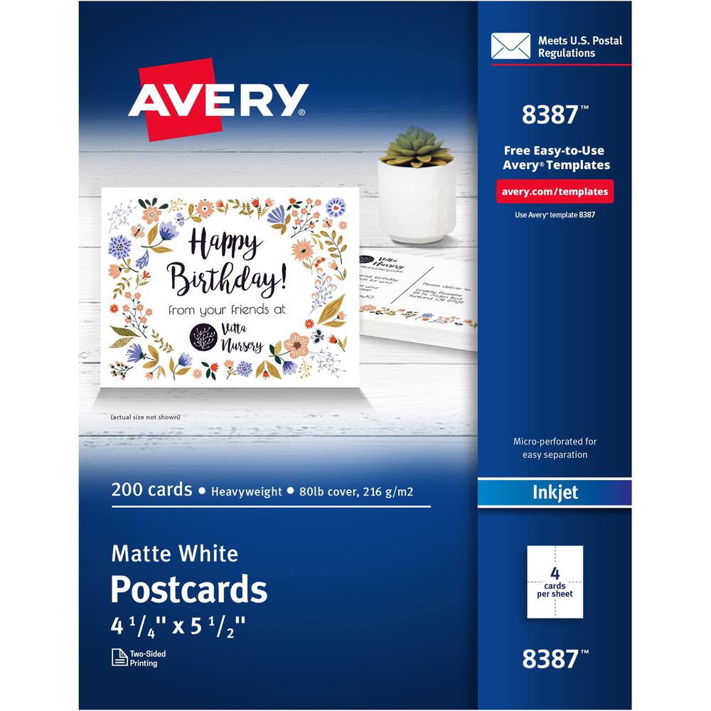 Avery&reg; Postcards - 97 Brightness - 5 1/2" x 4 1/4" - Matte - 200 / Box - Perforated, Heavyweight, Rounded Corner, Smudge-free, Jam-free - White. Picture 1