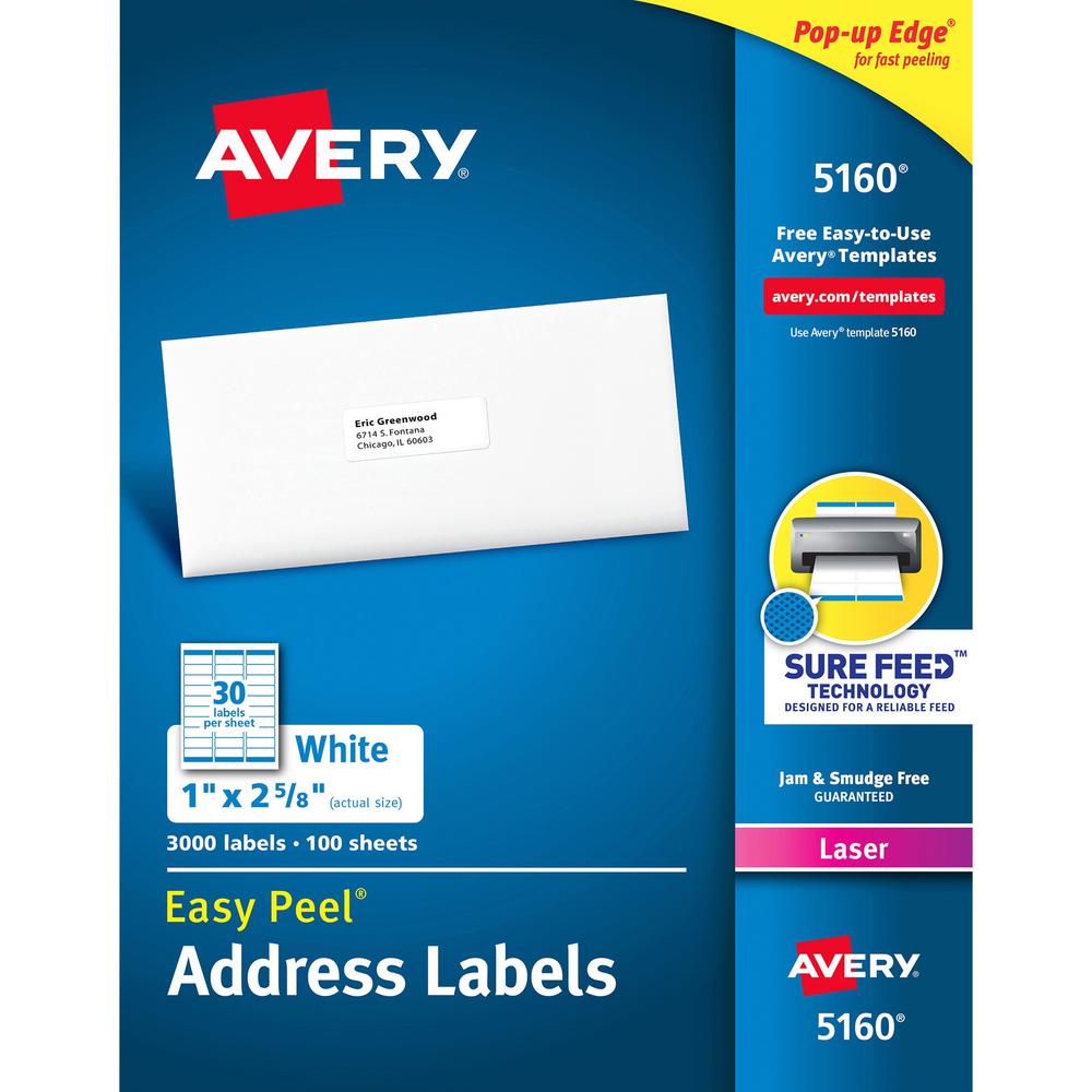 Avery&reg; Easy Peel&reg; Address Labels with Sure Feed™ Technology - 1" Width x 2 5/8" Length - Permanent Adhesive - Rectangle - Laser - Matte - White - Paper - 30 / Sheet - 100 Total Sheets - . Picture 1