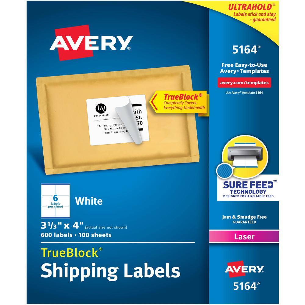Avery&reg; Shipping Labels, Sure Feed, 3-1/3" x 4" , 600 White Labels (5164) - 3 21/64" Width x 4" Length - Permanent Adhesive - Rectangle - Laser - White - Paper - 6 / Sheet - 100 Total Sheets - 600 . Picture 1
