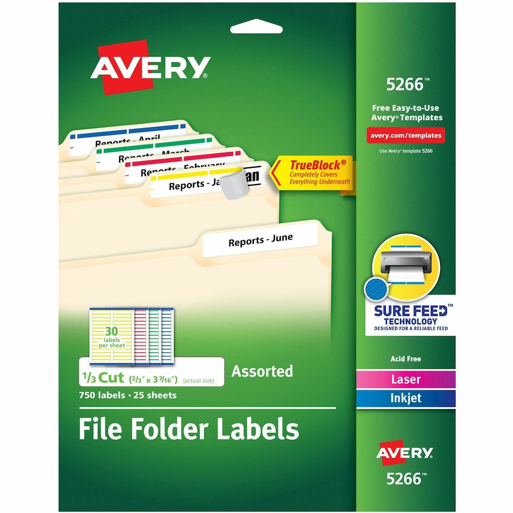 Avery&reg; File Folder Labels, 2/3" x 3-7/16" , Assorted Colors (5266) - x 2/3" Width x 3 7/16" Length - Permanent Adhesive - Rectangle - Laser, Inkjet - Matte - Yellow, Green, Red, White - Paper - 30. Picture 1