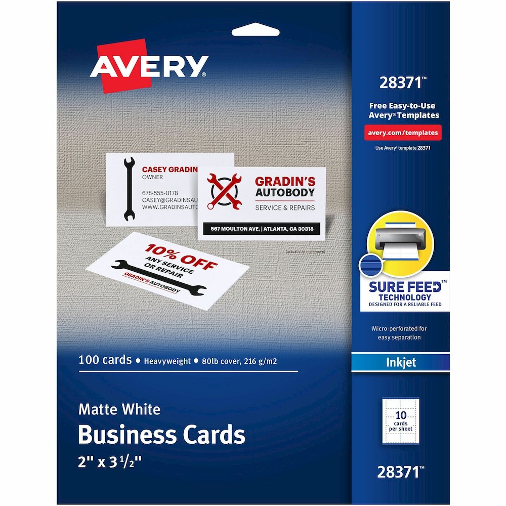 Avery&reg; Printable Business Cards with SureFeed - 97 Brightness - 8 1/2" x 11" - 80 lb Basis Weight - 216 g/m² Grammage - Matte - Perforated, Smooth Edge, Recyclable, Biodegradable, Uncoated, P. Picture 1