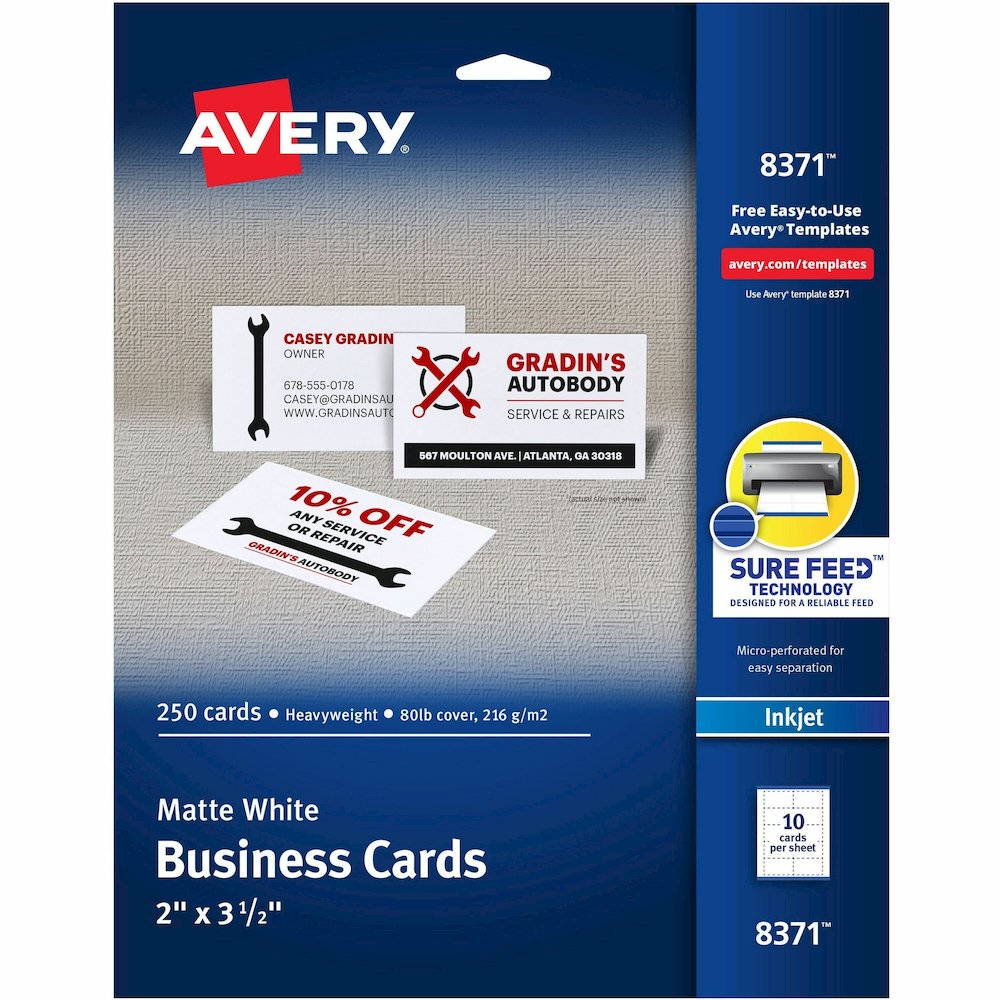 Avery&reg; Business Card - 97 Brightness - A4 - 8 1/2" x 11" - 80 lb Basis Weight - 216 g/m² Grammage - Matte - Perforated, Heavyweight, Smooth Edge, Printable, Double-sided, Anti-jam, Smudge-fre. Picture 1