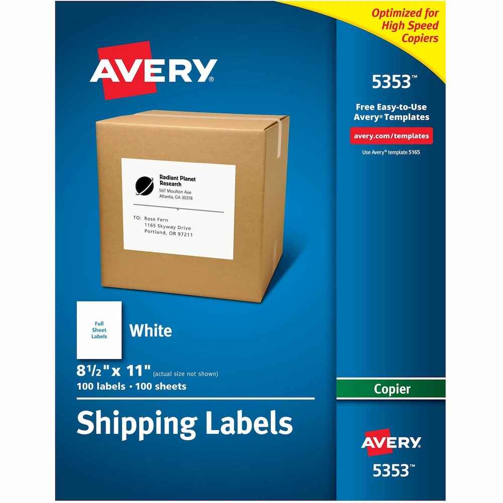 Avery&reg; Shipping Labels for Copiers, 8-1/2" x 11" , 100 Labels (5353) - 8 1/2" Width x 11" Length - Permanent Adhesive - Rectangle - Matte - White - Paper - 1 / Sheet - 100 Total Sheets - 100 Total. Picture 1