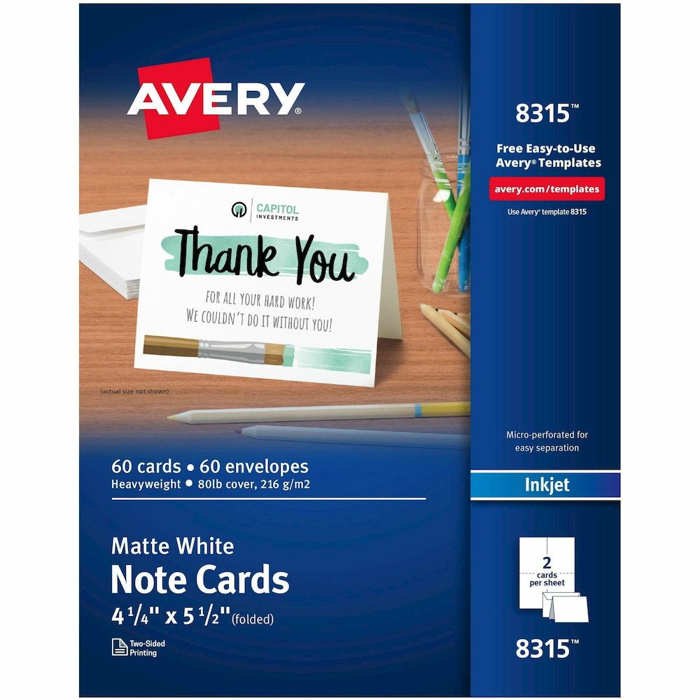 Avery&reg; Note Cards & Envelopes, 4.25" x 5.5" , Matte, 60ct (8315) - 97 Brightness - 5 1/2" x 4 1/4" - 80 lb Basis Weight - 216 g/m² Grammage - Matte - Heavyweight, Smooth Edge, Double-sided, P. Picture 1