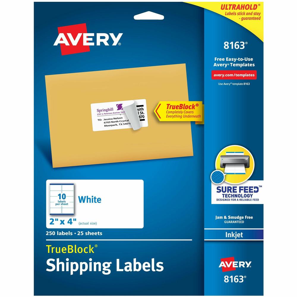Avery&reg; Shipping Labels, Sure Feed&reg;, 2" x 4" , 250 Labels (8163) - 2" Width x 4" Length - Permanent Adhesive - Rectangle - Inkjet - Matte - White - Paper - 10 / Sheet - 25 Total Sheets - 250 To. Picture 1