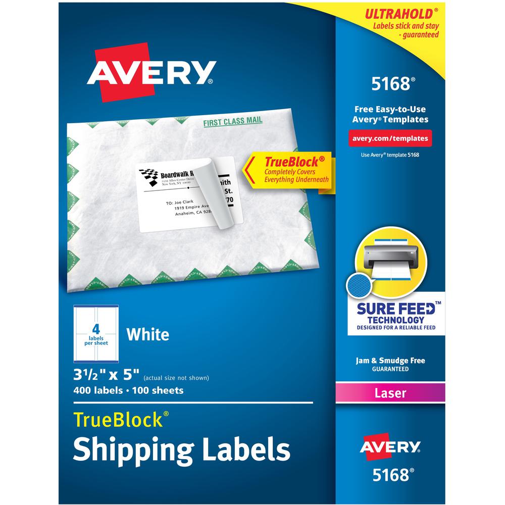 Avery&reg; Shipping Labels, Sure Feed, 3-1/2" x 5" , 400 Labels (5168) - 3 1/2" Width x 5" Length - Permanent Adhesive - Rectangle - Laser - Matte - White - Paper - 4 / Sheet - 100 Total Sheets - 400 . Picture 1