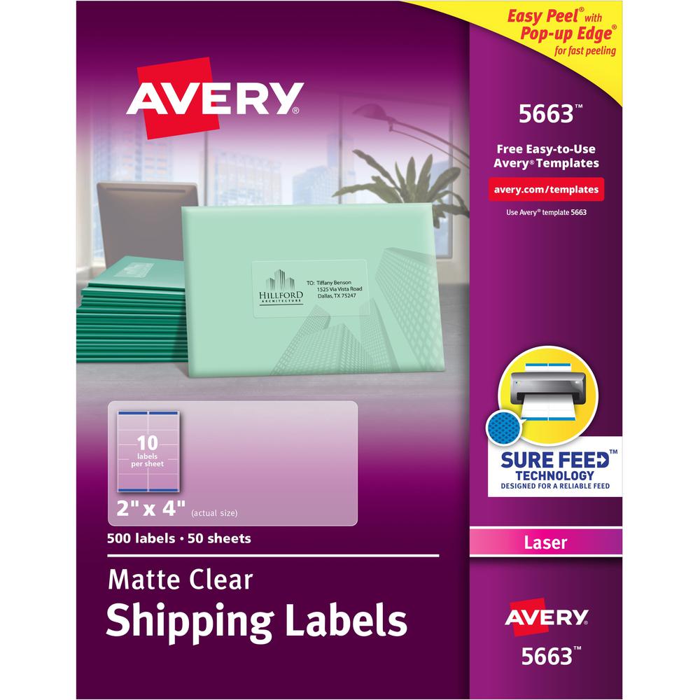 Avery&reg; Clear Shipping Labels, Sure Feed, 2" x 4" , 500 Labels (5663) - 2" Width x 4" Length - Permanent Adhesive - Rectangle - Laser - Matte - Clear - Film - 10 / Sheet - 50 Total Sheets - 500 Tot. Picture 1