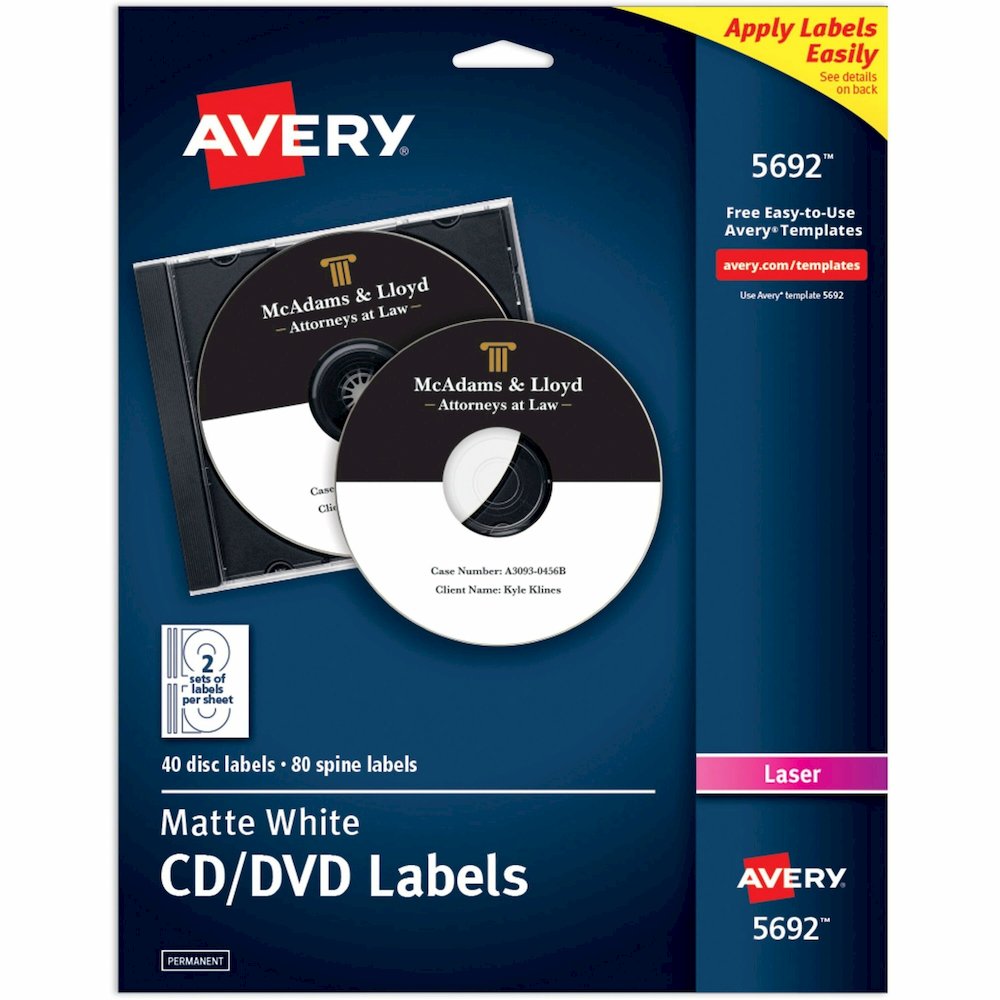 Avery&reg; Optical Disc Label - Permanent Adhesive - Laser - Matte - Matte White - Paper - 2 / Sheet - 20 Total Sheets - 40 Total Label(s) - 40 / Pack. Picture 1