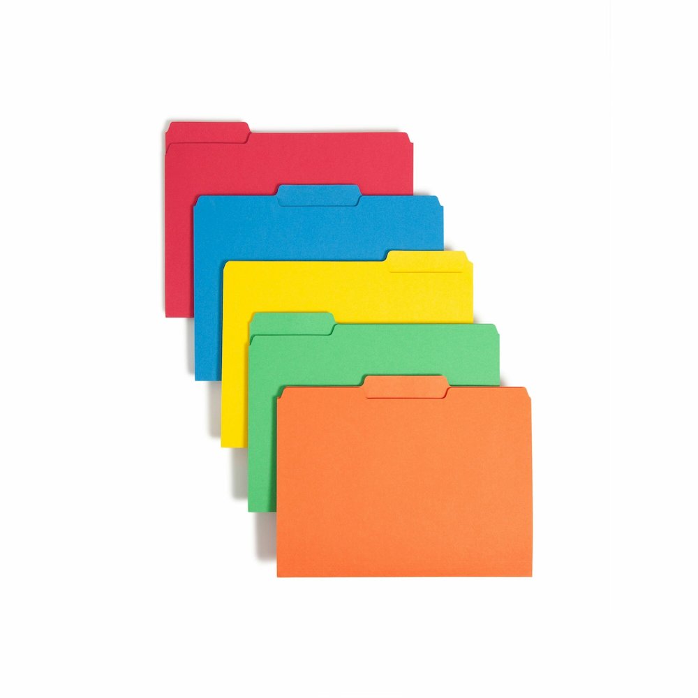Smead 1/3 Tab Cut Letter Recycled Interior File Folder - 8 1/2" x 11" - 3/4" Expansion - Top Tab Location - Assorted Tab Position - 11 pt. - 1 Plys - Green, Orange, Red, Sky Blue, Yellow - 10% Recycle. Picture 1