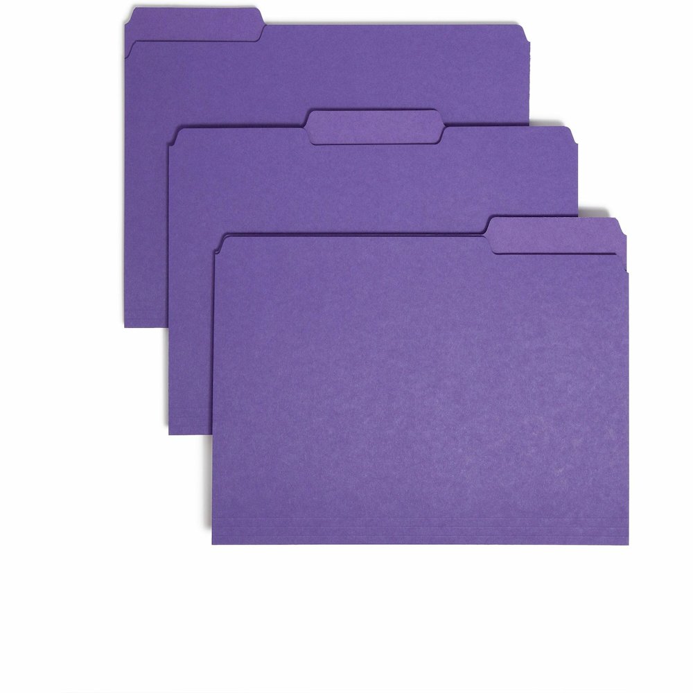 Smead 1/3 Tab Cut Letter Recycled Interior File Folder - 8 1/2" x 11" - 3/4" Expansion - Top Tab Location - Assorted Tab Position - 11 pt. - 1 Plys - Paper - Purple - 10% Recycled - 100 / Box. Picture 1