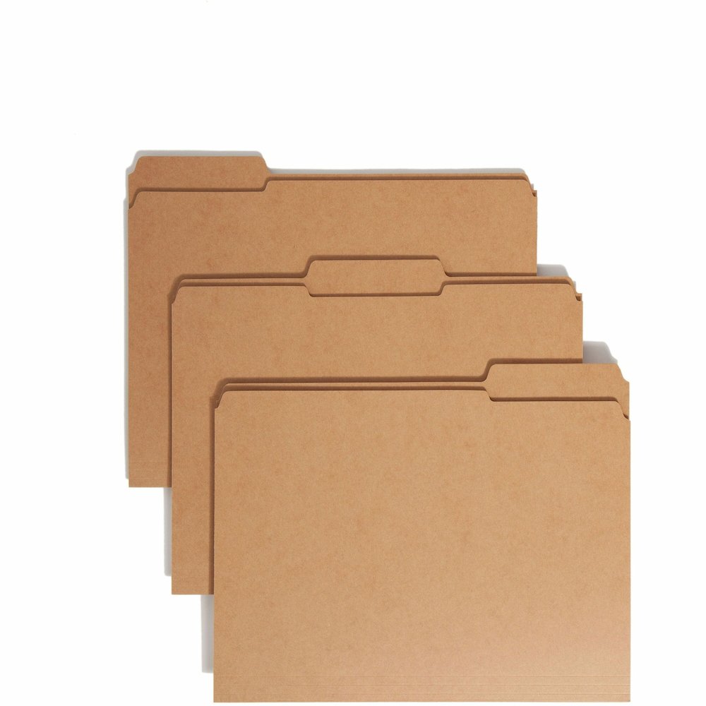 Smead 1/3 Tab Cut Letter Recycled Top Tab File Folder - 8 1/2" x 11" - 3/4" Expansion - Top Tab Location - Assorted Tab Position - 11 pt. - 2 Plys - Kraft - Reinforced Tab - 10% Recycled - 100 / Box. Picture 1