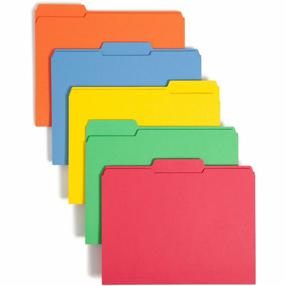 Smead Colored 1/3 Tab Cut Letter Recycled Top Tab File Folder - 8 1/2" x 11" - 3/4" Expansion - Top Tab Location - Assorted Tab Position - 11 pt. - 2 Plys - Blue, Green, Orange, Yellow - Reinforced - . Picture 1