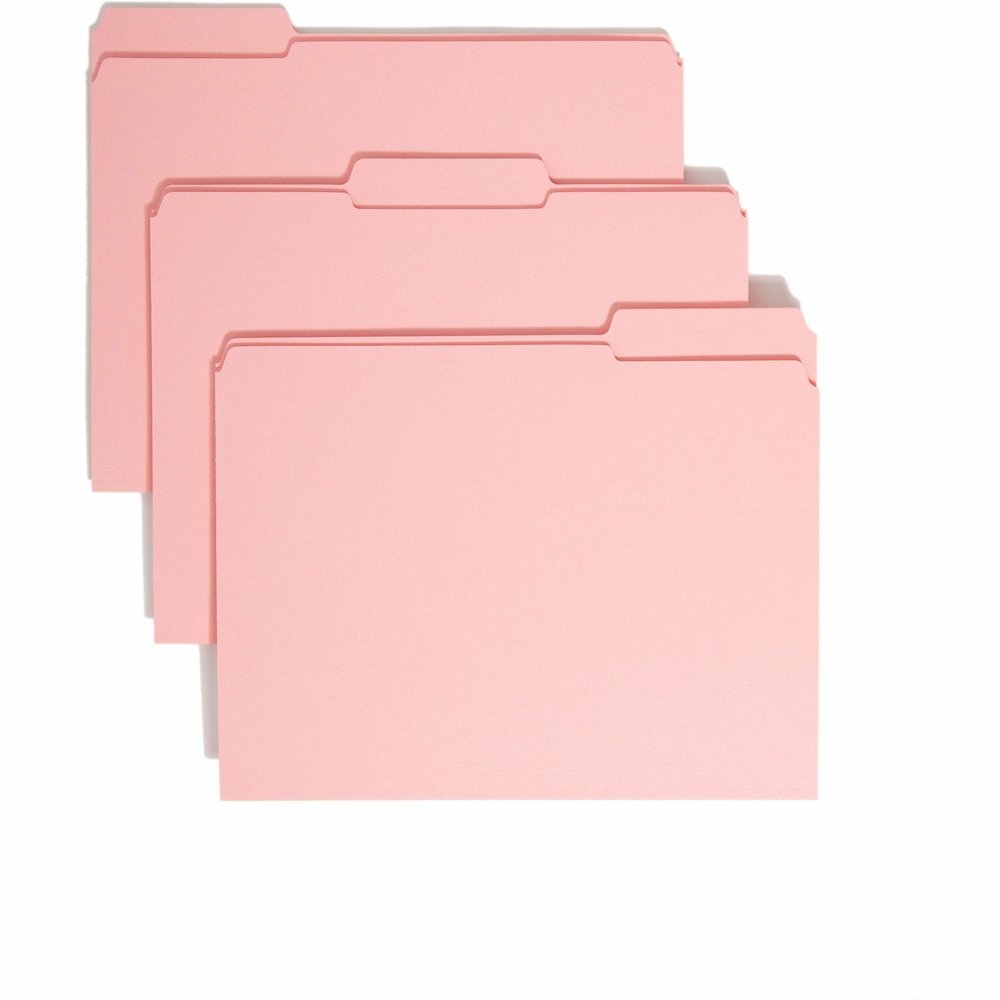 Smead Colored 1/3 Tab Cut Letter Recycled Top Tab File Folder - 8 1/2" x 11" - 3/4" Expansion - Top Tab Location - Assorted Tab Position - 11 pt. - 2 Plys - Pink - Reinforced - 10% Recycled - 100 / Bo. Picture 1