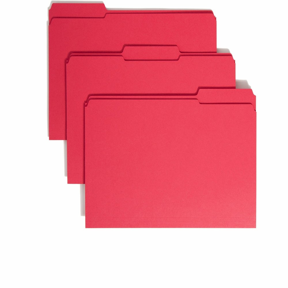Smead Colored 1/3 Tab Cut Letter Recycled Top Tab File Folder - 8 1/2" x 11" - 3/4" Expansion - Top Tab Location - Assorted Tab Position - 11 pt. - 2 Plys - Red - 10% Recycled - 100 / Box. Picture 1