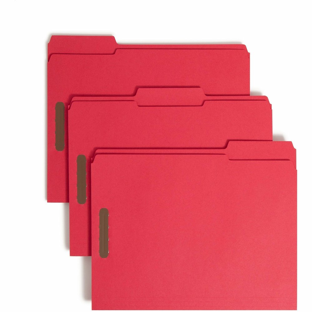 Smead Colored 1/3 Tab Cut Letter Recycled Fastener Folder - 8 1/2" x 11" - 3/4" Expansion - 2 x 2K Fastener - 2" for Folder - Top Tab Location - Assorted Tab Position - 11 pt. - 2 Plys - Red - Reinfor. Picture 1
