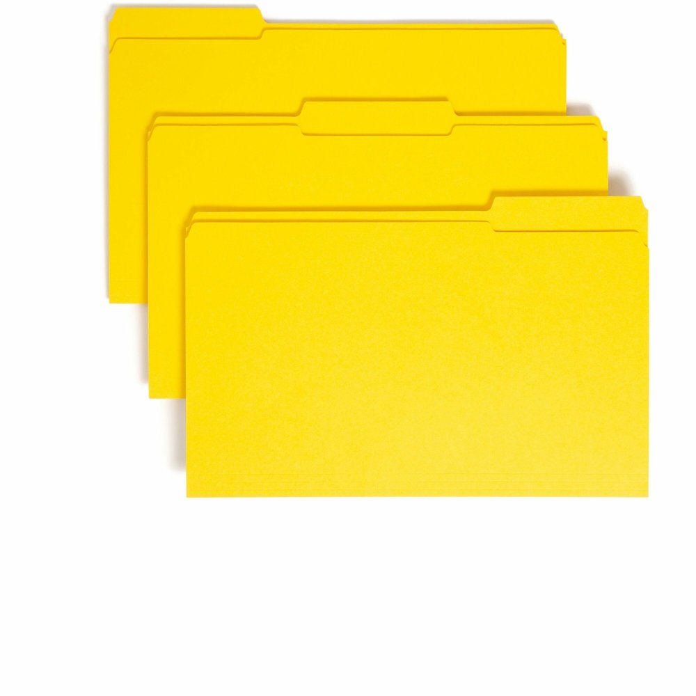 Smead Colored 1/3 Tab Cut Legal Recycled Top Tab File Folder - 8 1/2" x 14" - 3/4" Expansion - Top Tab Location - Assorted Tab Position - 11 pt. - 2 Plys - Yellow - 10% Recycled - 100 / Box. Picture 1