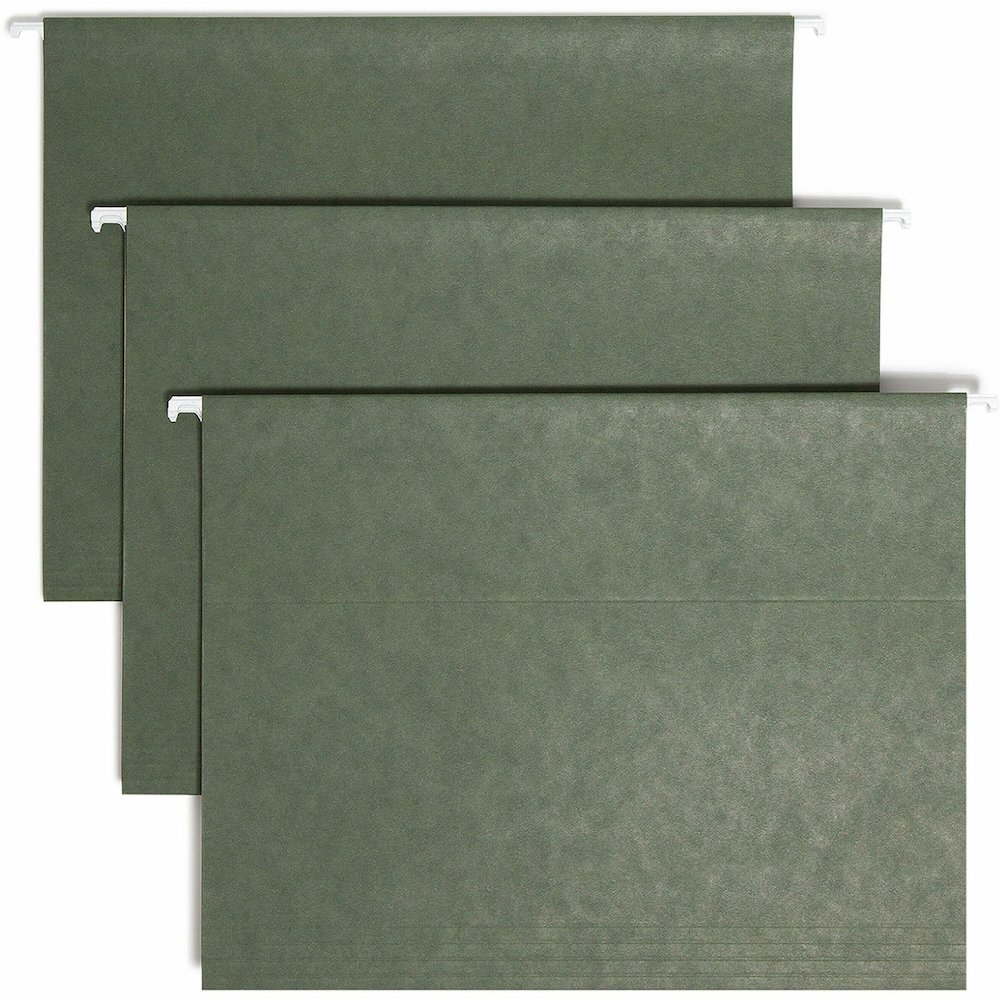 Smead 1/5 Tab Cut Letter Recycled Hanging Folder - 8 1/2" x 11" - Top Tab Location - Assorted Tab Position - 11 pt. - Vinyl - Standard Green - 10% Recycled - 25 / Box. Picture 1