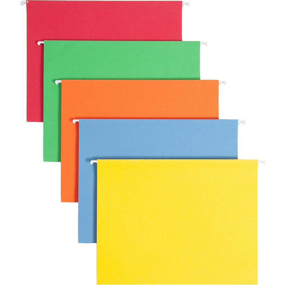 Smead Colored 1/5 Tab Cut Letter Recycled Hanging Folder - 8 1/2" x 11" - Top Tab Location - Assorted Position Tab Position - Vinyl - Blue, Green, Orange, Red, Yellow - 10% Recycled - 25 / Box. Picture 1