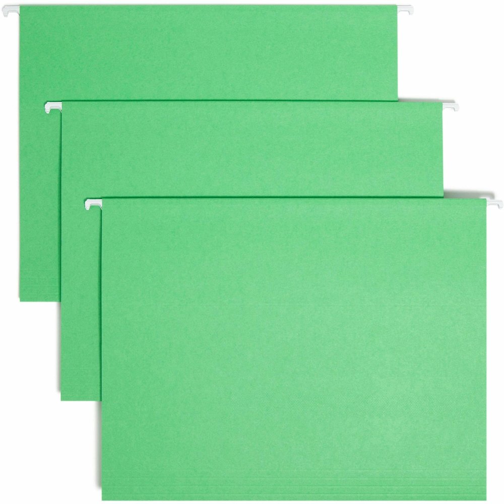 Smead Colored 1/5 Tab Cut Letter Recycled Hanging Folder - 8 1/2" x 11" - Top Tab Location - Assorted Tab Position - 11 pt. - Vinyl - Green - 10% Recycled - 25 / Box. Picture 1