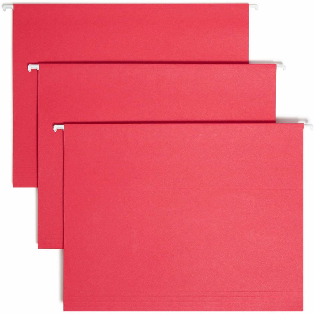 Smead Colored 1/5 Tab Cut Letter Recycled Hanging Folder - 8 1/2" x 11" - Top Tab Location - Assorted Tab Position - 11 pt. - Vinyl - Red - 10% Recycled - 25 / Box. Picture 1