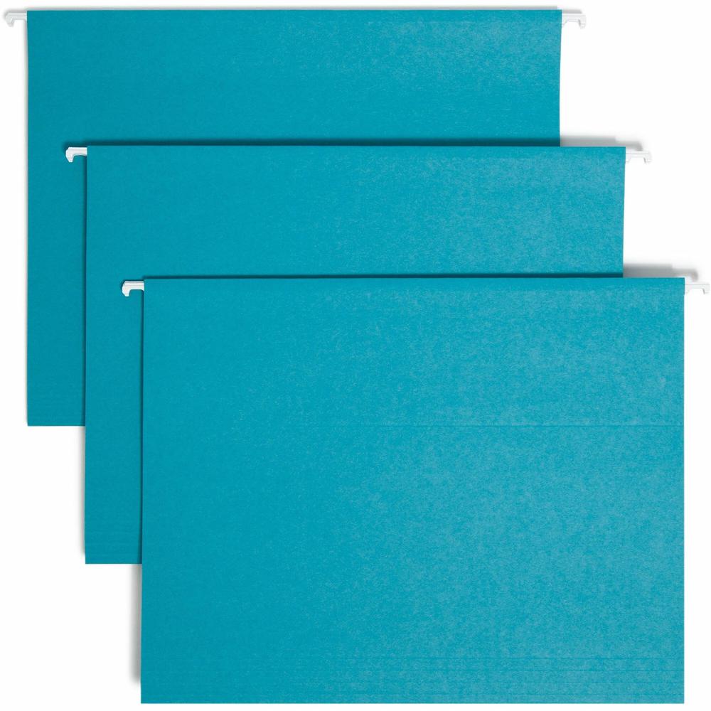 Smead Colored 1/5 Tab Cut Letter Recycled Hanging Folder - 8 1/2" x 11" - Top Tab Location - Assorted Position Tab Position - Vinyl - Teal - 10% Recycled - 25 / Box. Picture 1