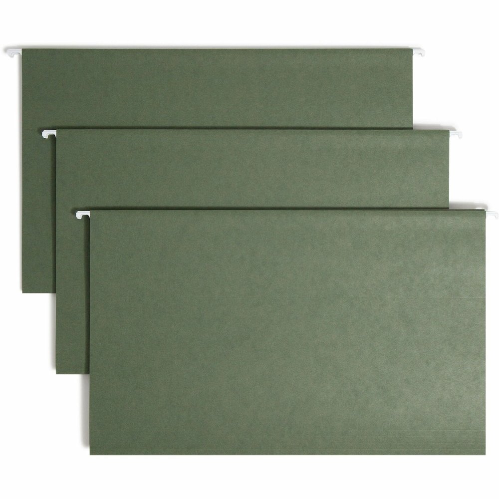 Smead 1/5 Tab Cut Legal Recycled Hanging Folder - 8 1/2" x 14" - Top Tab Location - Assorted Tab Position - 11 pt. - Vinyl - Standard Green - 10% Recycled - 25 / Box. Picture 1