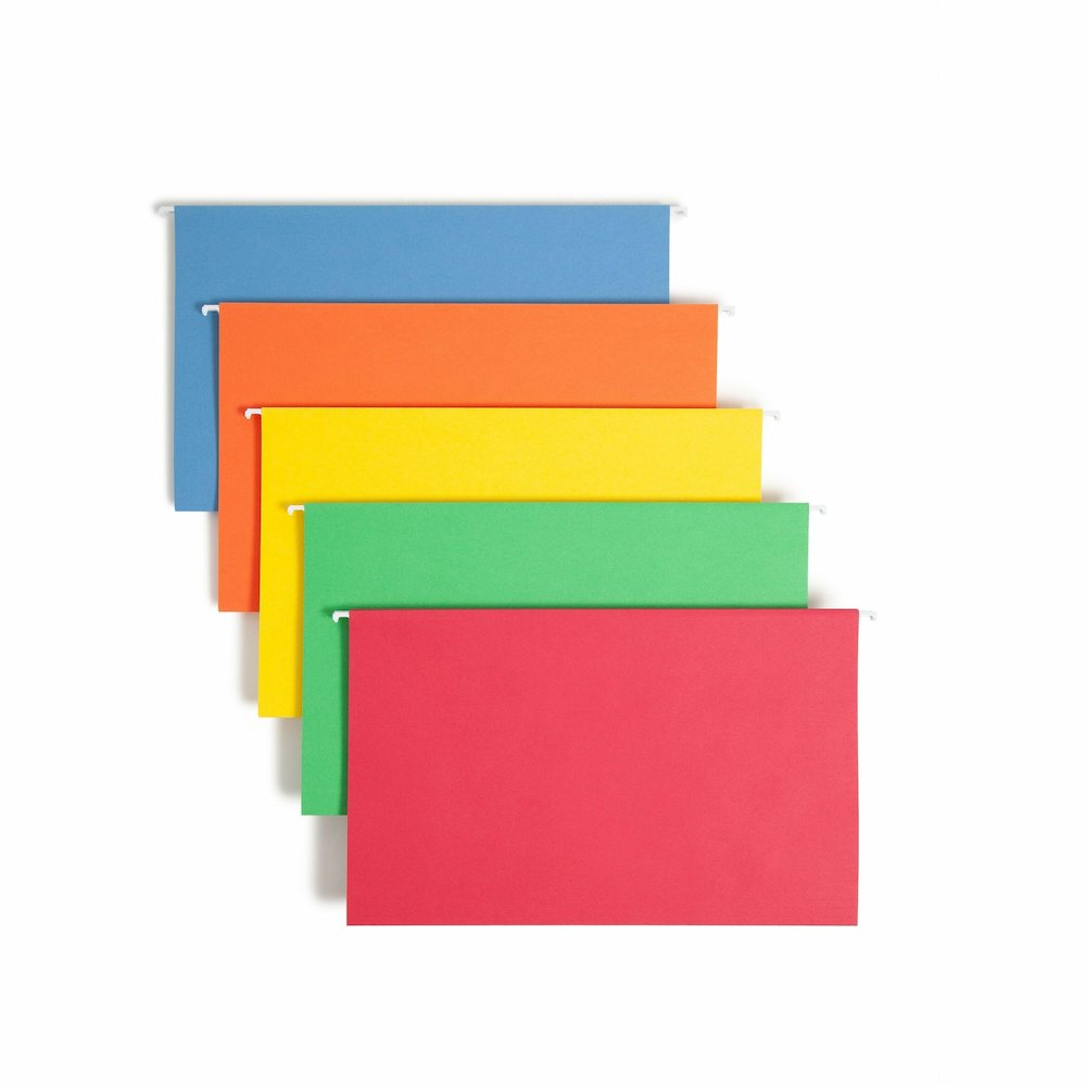 Smead 1/5 Tab Cut Legal Recycled Hanging Folder - 8 1/2" x 14" - Top Tab Location - Assorted Tab Position - 11 pt. - Vinyl - Blue, Green, Orange, Red, Yellow - 10% Recycled - 25 / Box. Picture 1