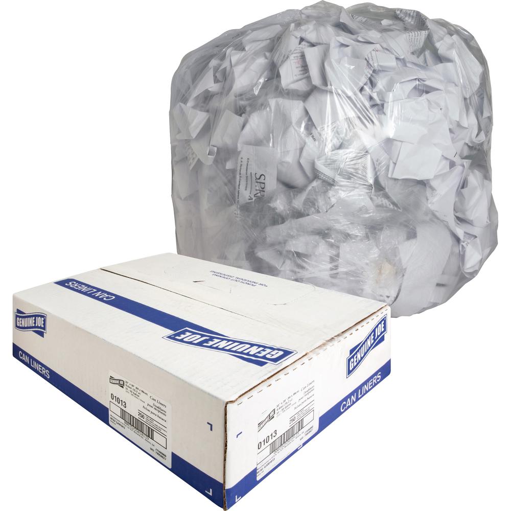 Genuine Joe Clear Trash Can Liners - Medium Size - 33 gal Capacity - 39" Length x 33" Width x 0.60 mil (15 Micron) Thickness - Low Density - Clear - 250/Box - 1 Carton. Picture 1