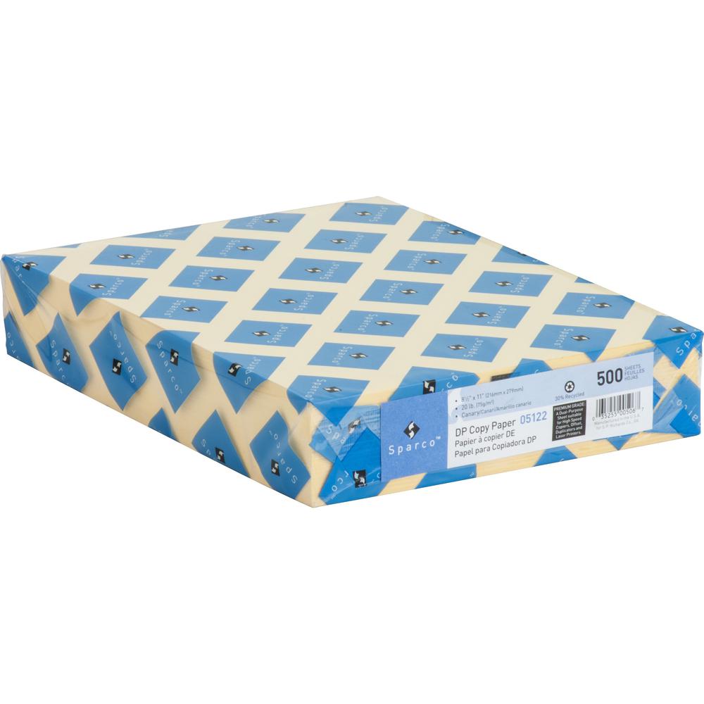 Sparco Premium Copy Paper - Canary - Letter - 8 1/2" x 11" - 20 lb Basis Weight - 500 / Ream - Sustainable Forestry Initiative (SFI) - Lint-free, Archival-safe, Acid-free - Canary. Picture 1