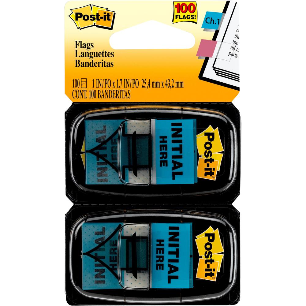 Post-it&reg; Message Flags - 100 - 1" x 1 3/4" - Arrow, Rectangle - Unruled - "Initial Here" - Blue - Removable, Self-adhesive - 1 / Pack. Picture 1