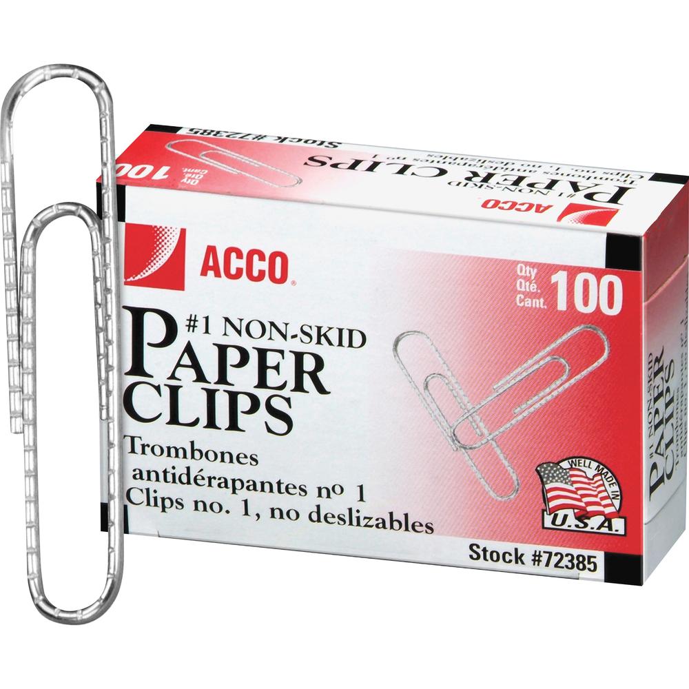ACCO Premium Paper Clips - No. 1 - 1.3" Length - 10 Sheet Capacity - Non-skid, Strain Resistant, Corrosion Resistant, Galvanized, Non-slip Grip - Silver - Metal, Zinc Plated - 100/Box - 10 / Pack. Picture 1