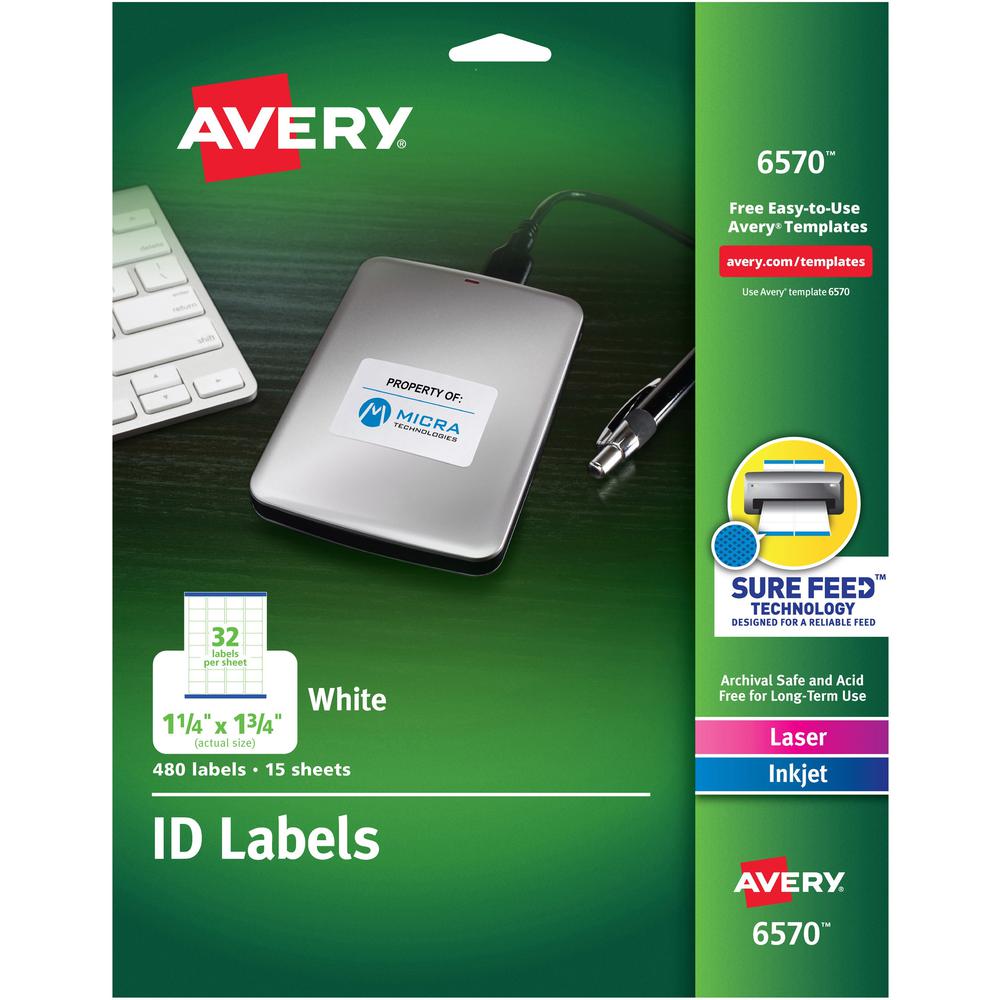 Avery&reg; Laser Inkjet Printer Permanent ID Labels - 1 1/4" Width x 1 3/4" Length - Permanent Adhesive - Rectangle - Laser, Inkjet - White - Paper - 32 / Sheet - 15 Total Sheets - 480 Total Label(s) . Picture 1