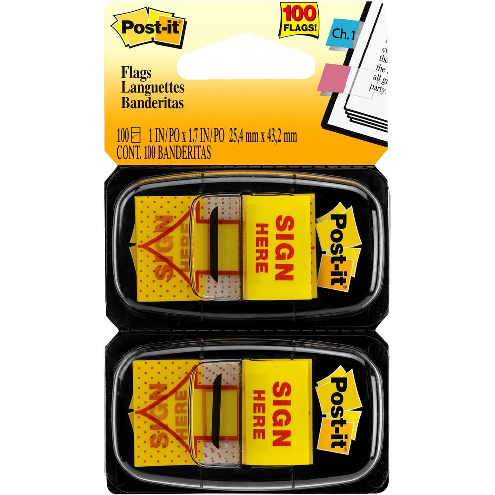 Post-it&reg; Message Flags - 100 x Yellow - 1" Flag/Note Width x 1 3/4" Flag/Note Length - Arrow, Rectangle - Unruled - SIGN HERE - Yellow - Removable, Self-adhesive - Dispenser Included - 100 / Pack. Picture 1