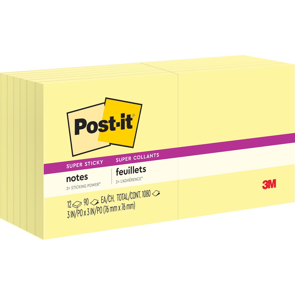 Post-it&reg; Super Sticky Dispenser Notes - 1080 - 3" Flag/Note Width x 3" Flag/Note Length - Square - 90 Sheets per Pad - Unruled - Canary Yellow - Paper - Self-adhesive, Repositionable - 1 Pack. Picture 1