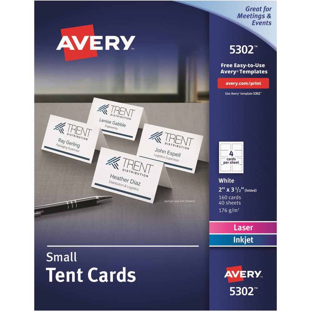 Avery&reg; Place Cards, Two-Sided Printing, 2" x 3-1/2" , 160 Cards (5302) - 97 Brightness - 2" x 3 1/2" - 160 / Box - Perforated, Heavyweight, Foldable, Rounded Corner, Jam-free, Smudge-free - White. Picture 1