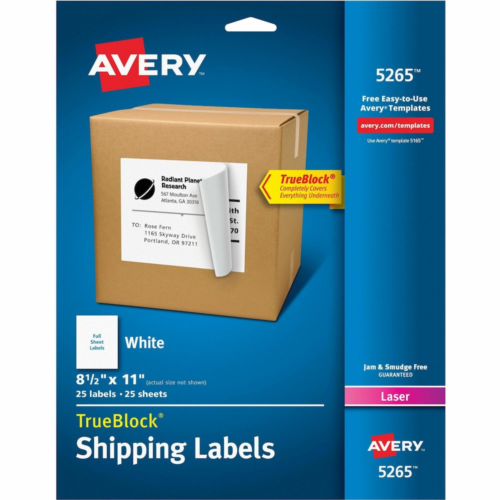 Avery&reg; Shipping Labels - TrueBlock - 8 1/2" Width x 11" Length - Permanent Adhesive - Rectangle - Laser, Inkjet - White - 1 / Sheet - 1 Pack. Picture 1