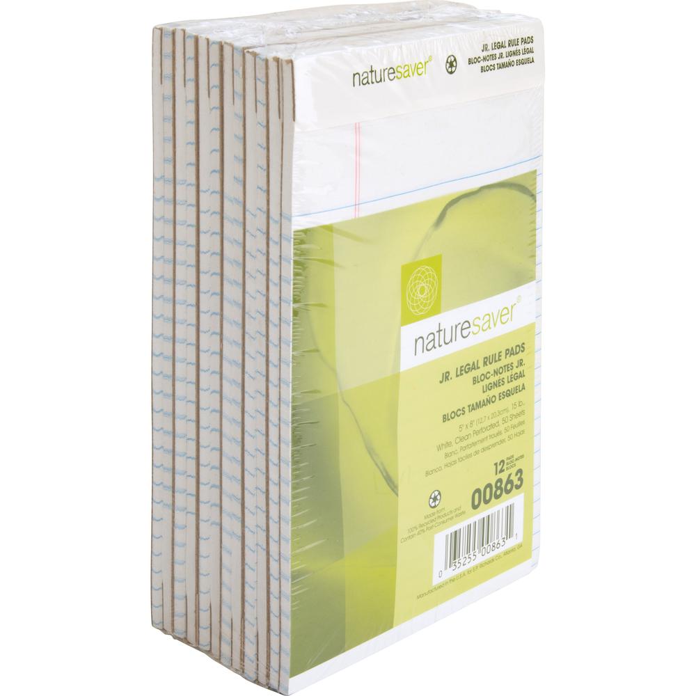 Nature Saver 100% Recycled White Jr. Rule Legal Pads - Jr.Legal - 50 Sheets - 0.28" Ruled - 15 lb Basis Weight - Jr.Legal - 5" x 8" Sheet Size - White Paper - Perforated, Back Board - Recycled - 1 Doz. Picture 1