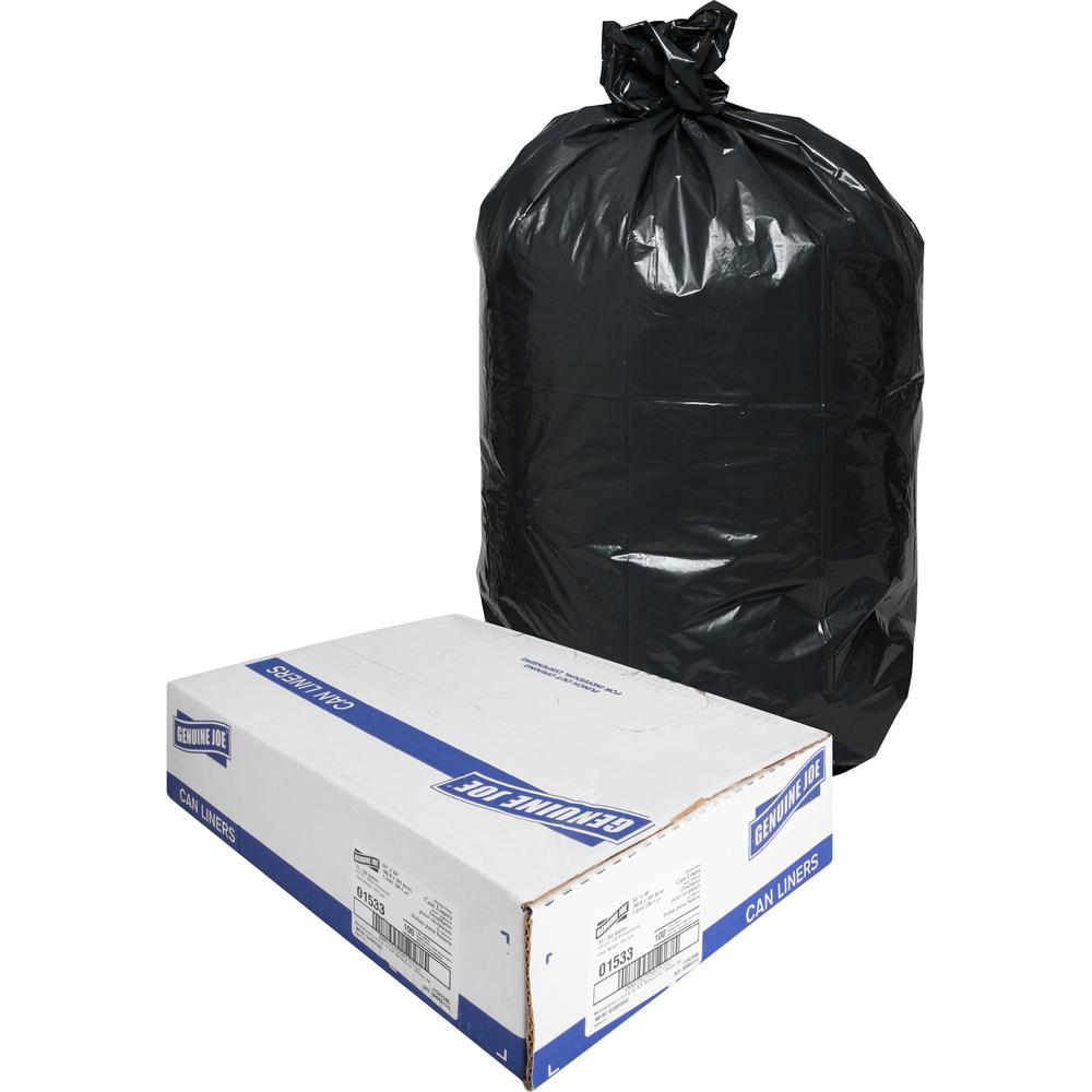 Genuine Joe Heavy-Duty Trash Can Liners - Medium Size - 33 gal Capacity - 40" Length x 33" Width x 1.50 mil (38 Micron) Thickness - Low Density - Black - 100/Box - 1 Carton. Picture 1