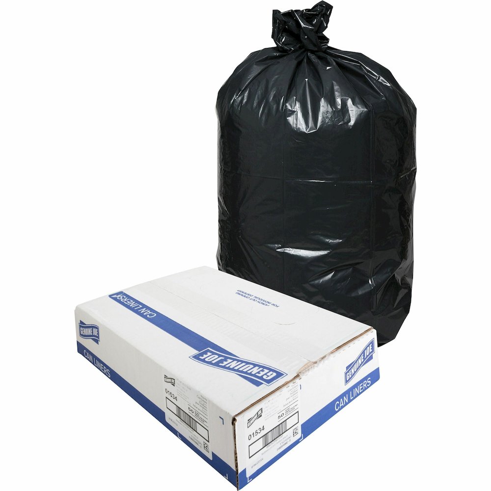 Genuine Joe Heavy-Duty Trash Can Liners - Large Size - 45 gal Capacity - 46" Length x 39" Width x 1.50 mil (38 Micron) Thickness - Low Density - Black - 50/Box - 1 Carton. Picture 1